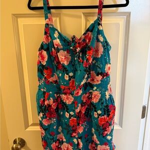 Torrid Floral Shorts Romper in Blue and Pink